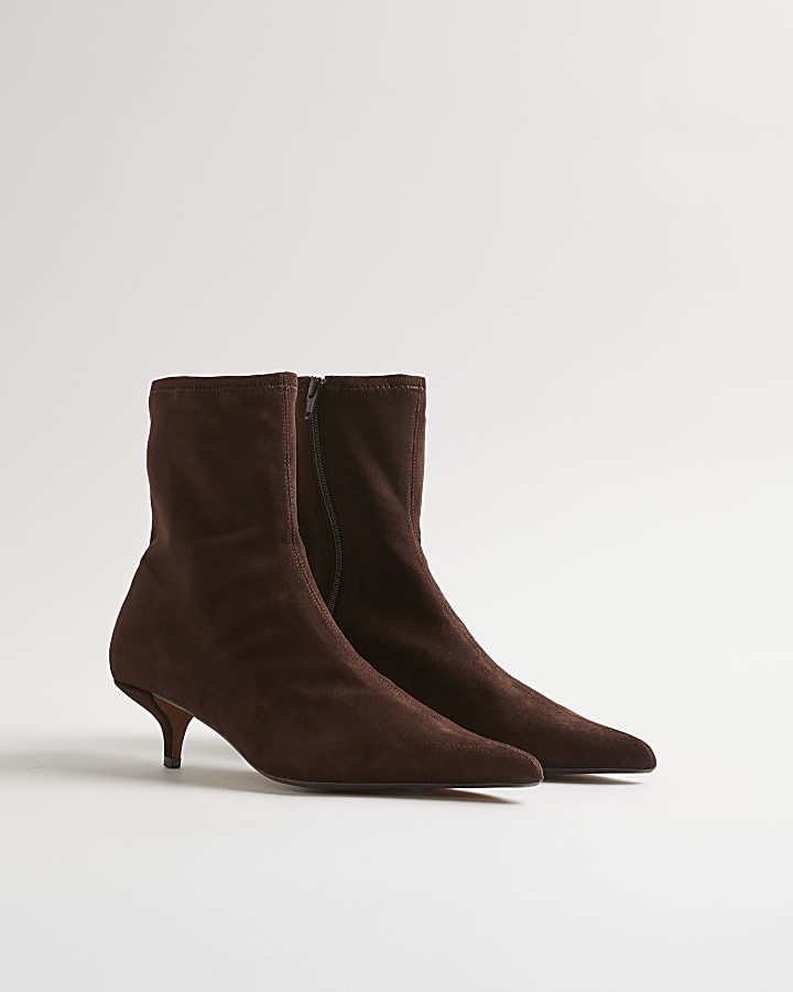 Brown Faux Suede Pointed Toe Sock Boots