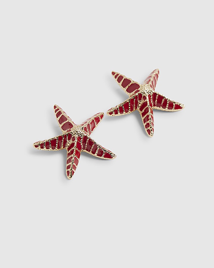 Orange Enamel Starfish Stud Earrings