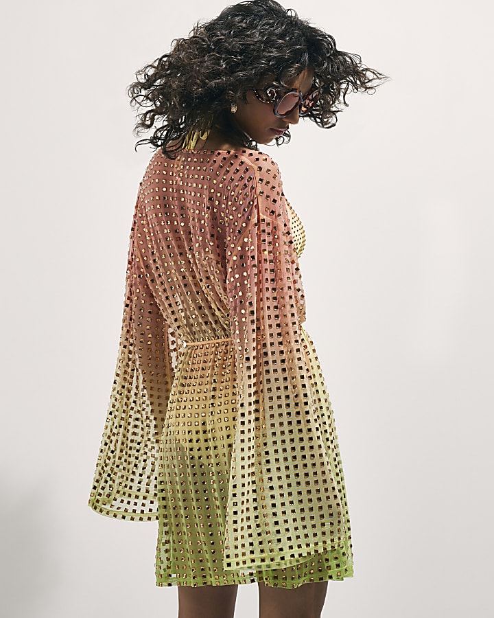 Orange Ombre Embellished Belted Kimono