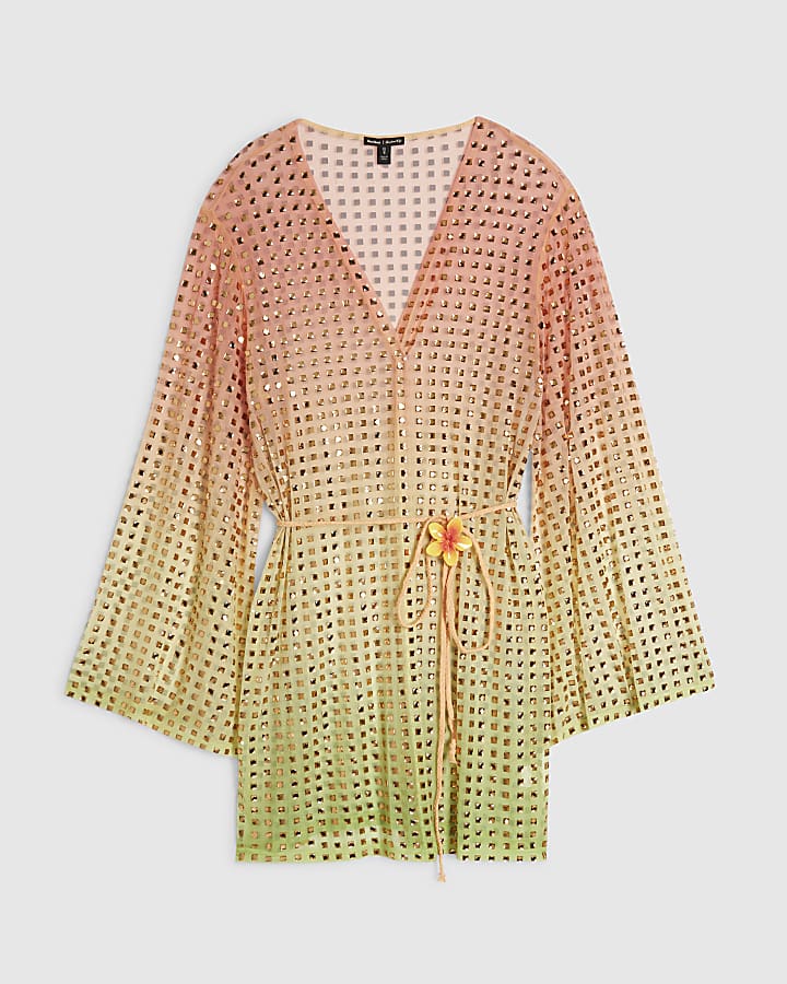 Orange Ombre Embellished Belted Kimono