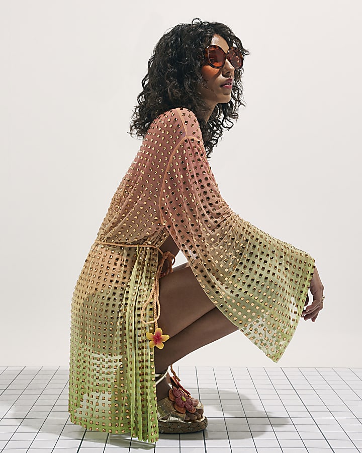 Orange Ombre Embellished Belted Kimono