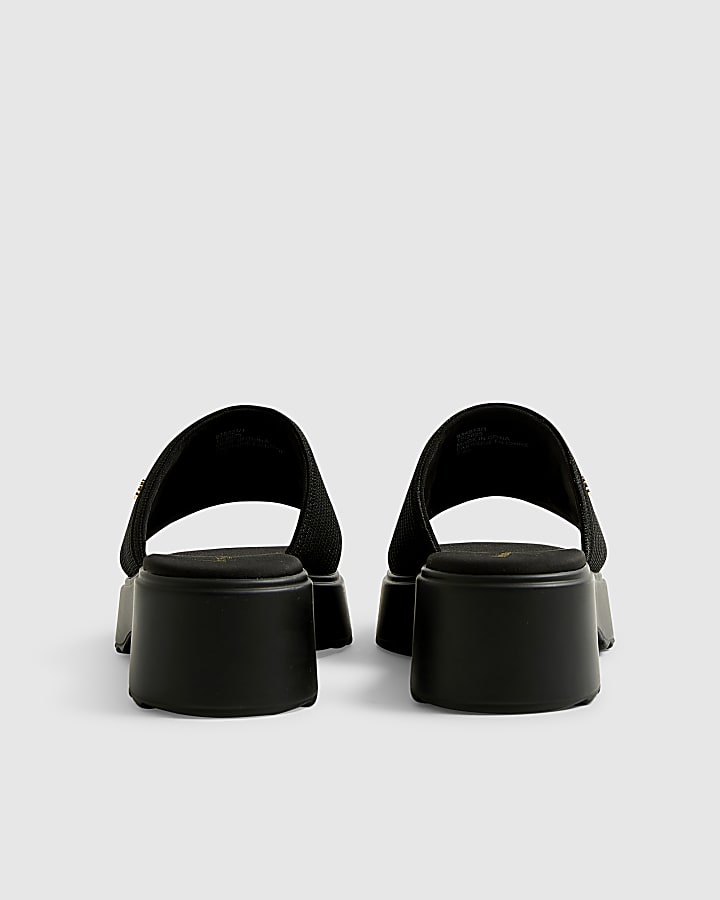 Black Wide Fit Knitted Mule Flatform Sandals