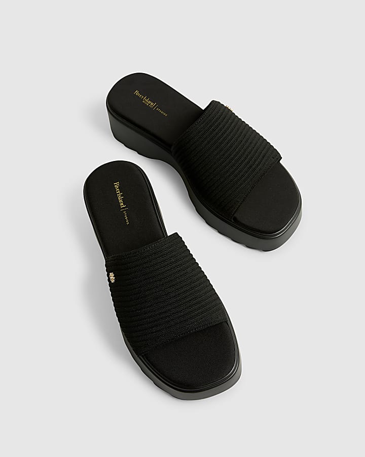 Black Wide Fit Knitted Mule Flatform Sandals