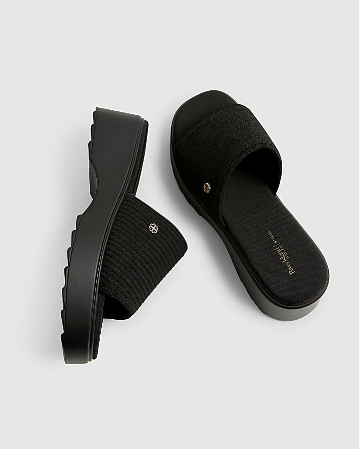 Black Wide Fit Knitted Mule Flatform Sandals