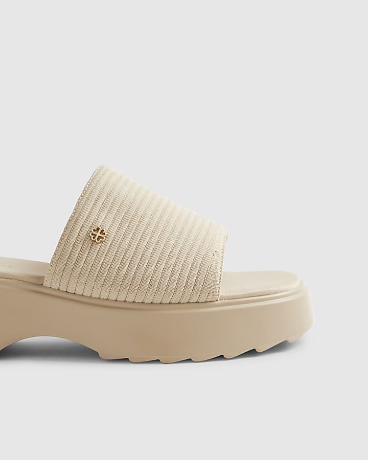 Beige Wide Fit Knitted Mule Flatform Sandals