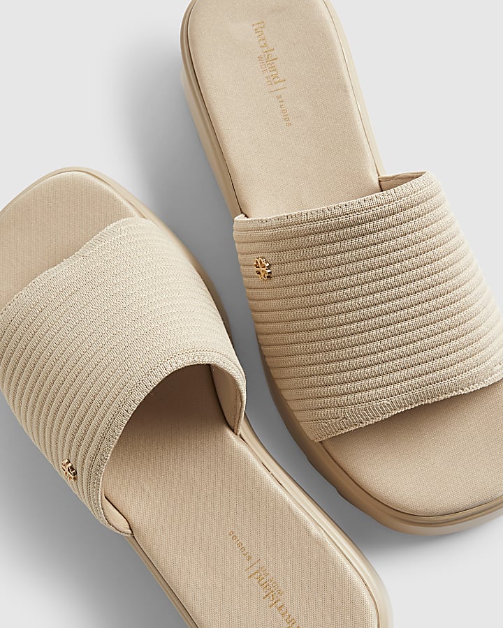 Beige Wide Fit Knitted Mule Flatform Sandals