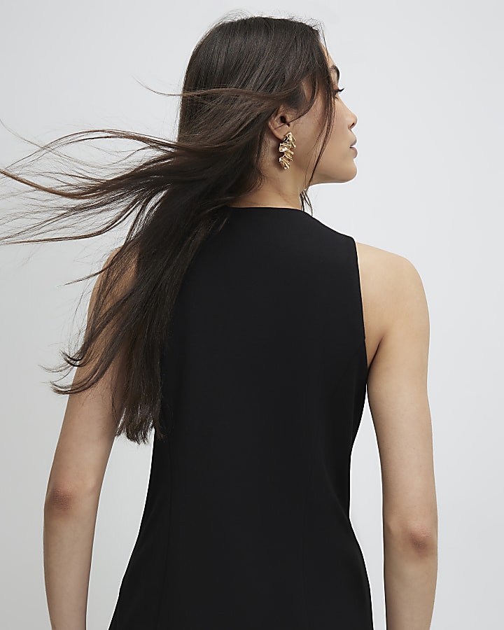 Black Collarless Asymmetric Waistcoat
