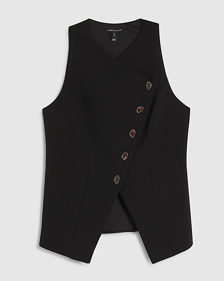 Black Collarless Asymmetric Waistcoat