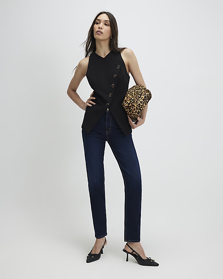 Black Collarless Asymmetric Waistcoat