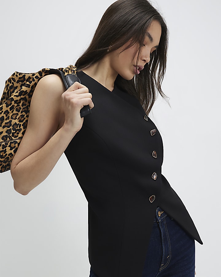 Black Collarless Asymmetric Waistcoat