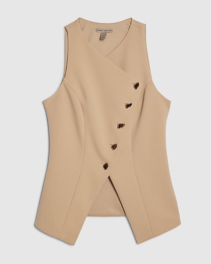 Beige Collarless Asymmetric Waistcoat