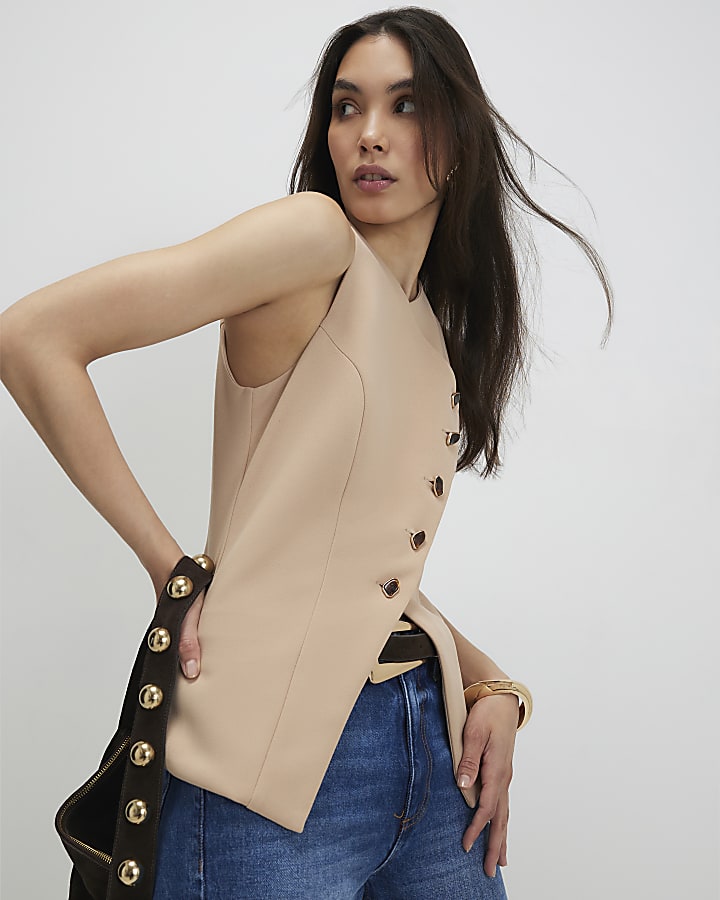 Beige Collarless Asymmetric Waistcoat