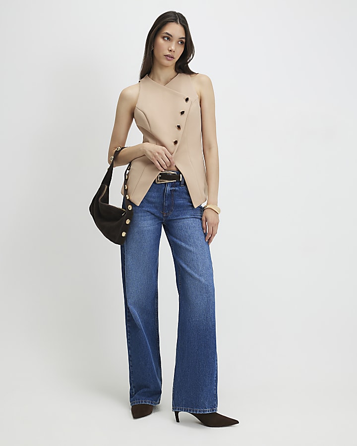 Beige Collarless Asymmetric Waistcoat