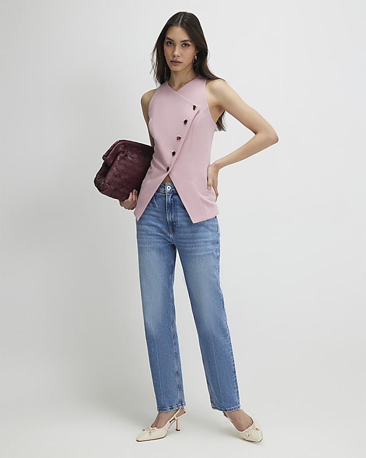Pink Collarless Asymmetric Waistcoat