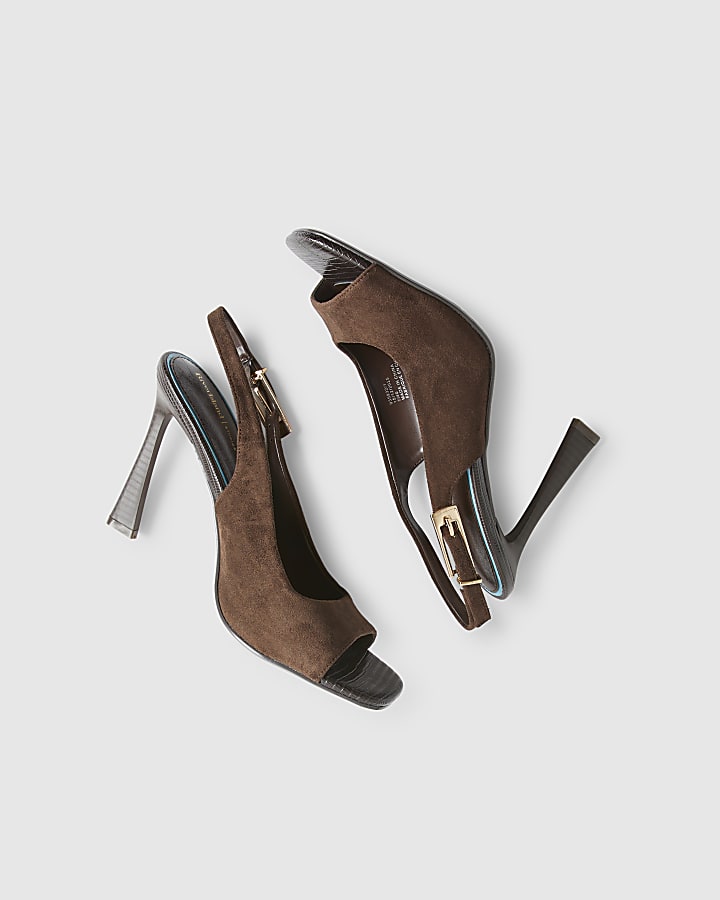 Brown Faux Suede Sling Back Heeled Sandals