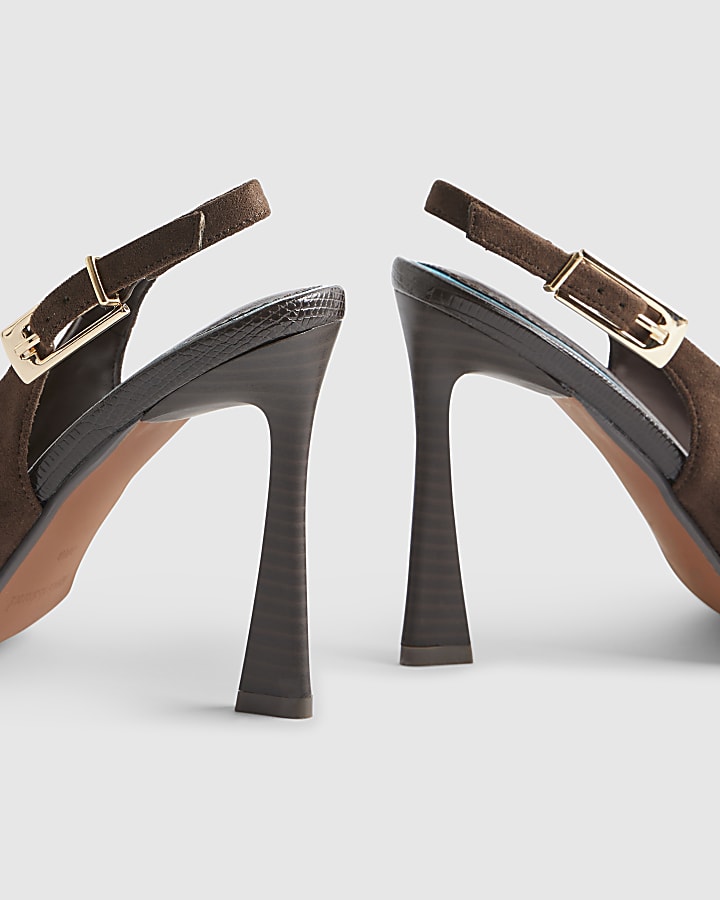 Brown Faux Suede Sling Back Heeled Sandals