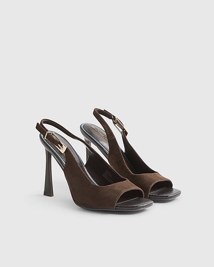 Brown Faux Suede Sling Back Heeled Sandals
