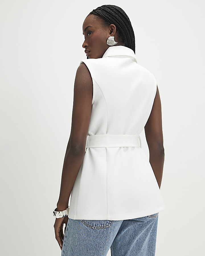 Cream Sleeveless Belted Utility Waistcoat