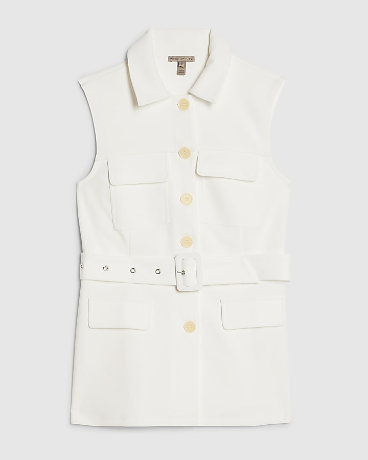 Cream Sleeveless Belted Utility Waistcoat