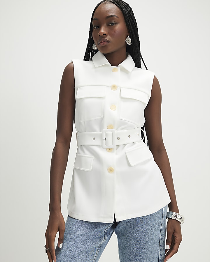 Cream Sleeveless Belted Utility Waistcoat