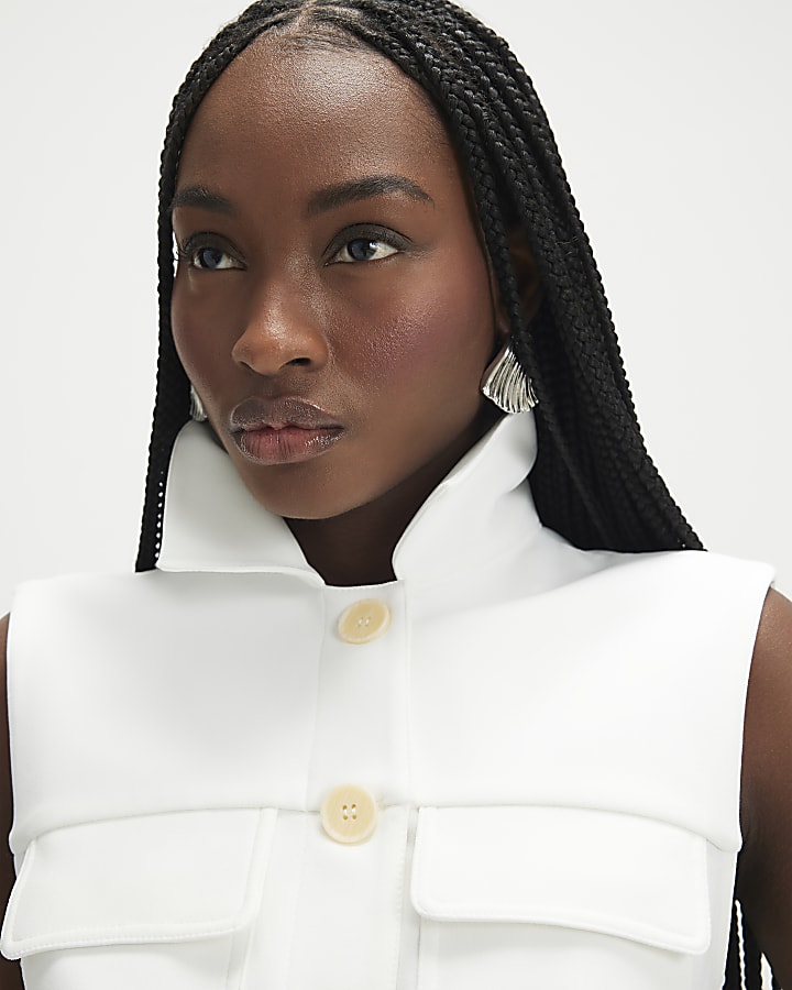 Cream Sleeveless Belted Utility Waistcoat