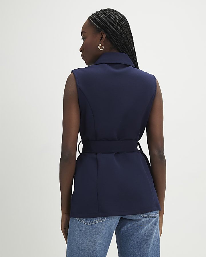 Navy Sleeveless Belted Utility Waistcoat