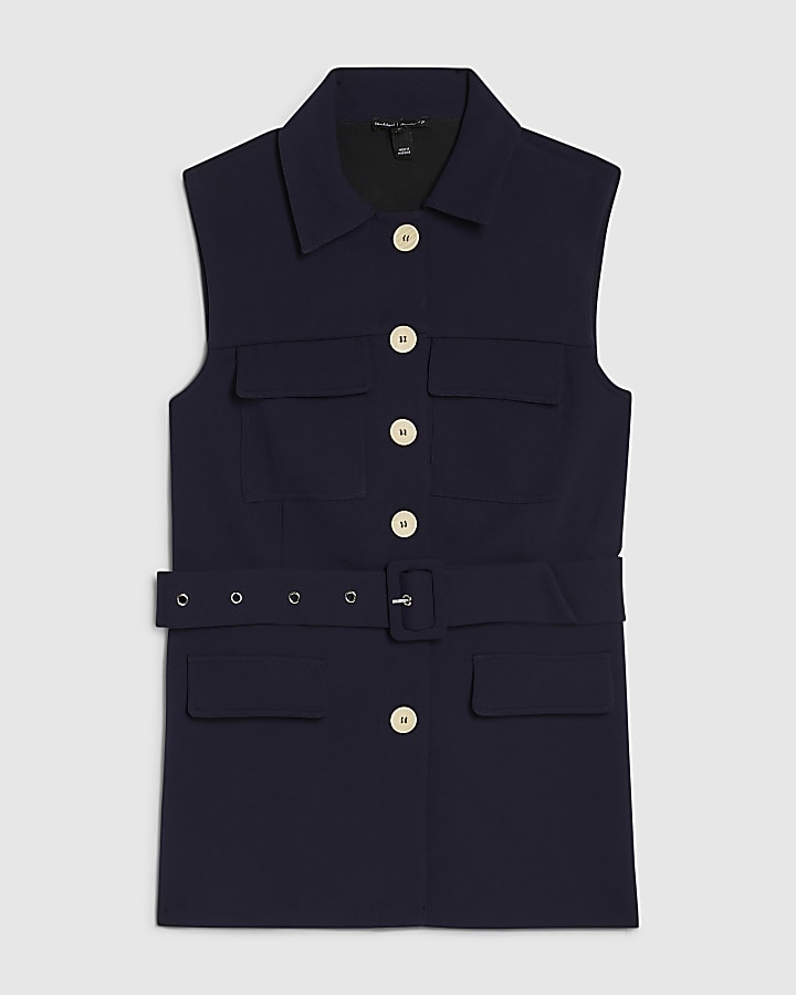 Navy Sleeveless Belted Utility Waistcoat