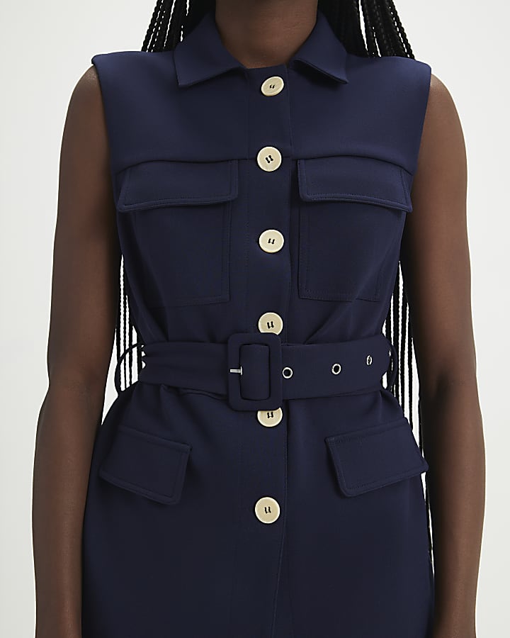 Navy Sleeveless Belted Utility Waistcoat