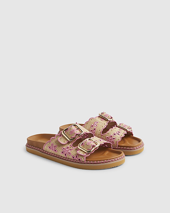 Beige Double Strap Scallop Trim Sandals