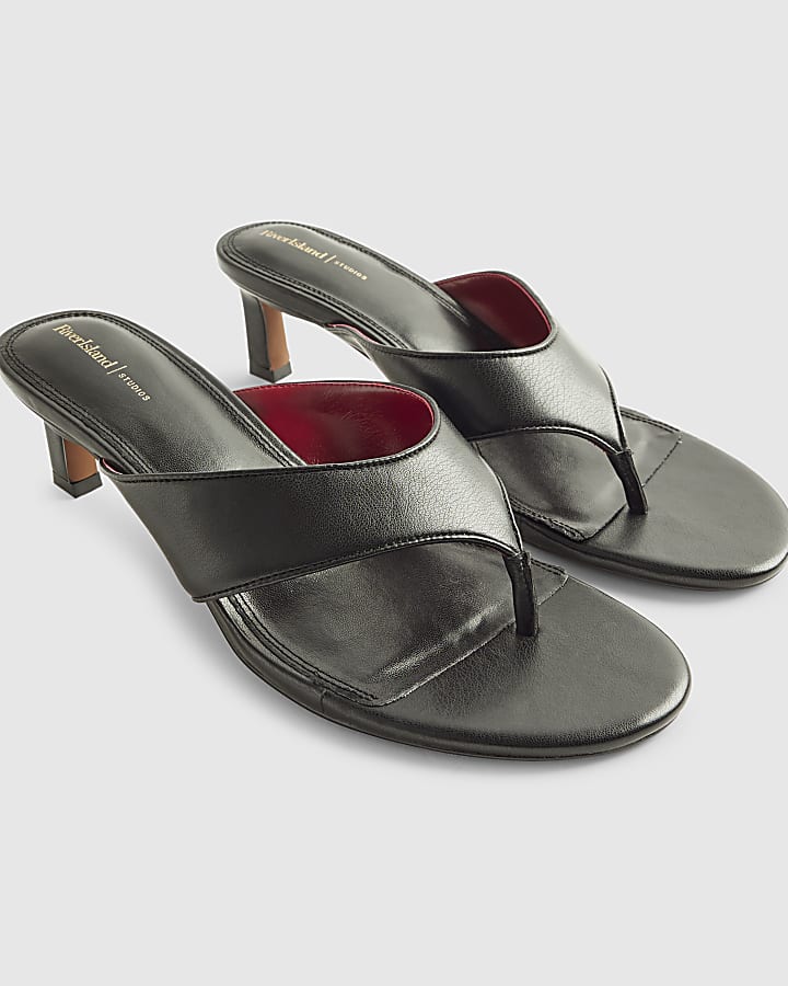 Black Toe Thong Heeled Mule Sandals