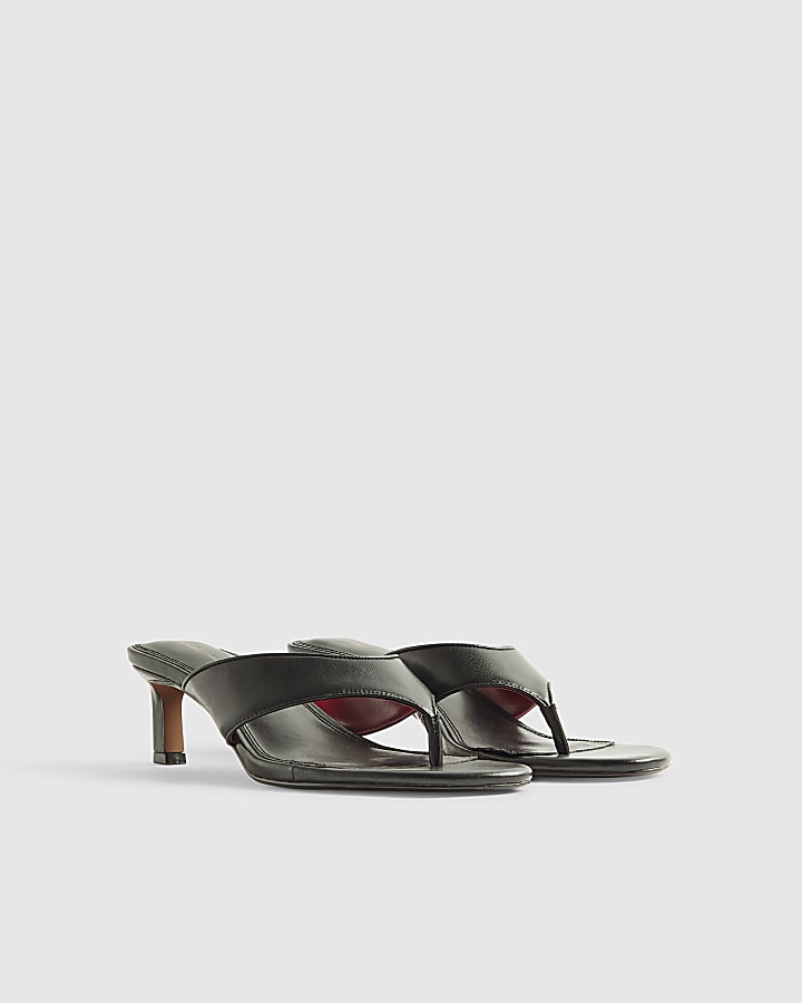 Black Toe Thong Heeled Mule Sandals