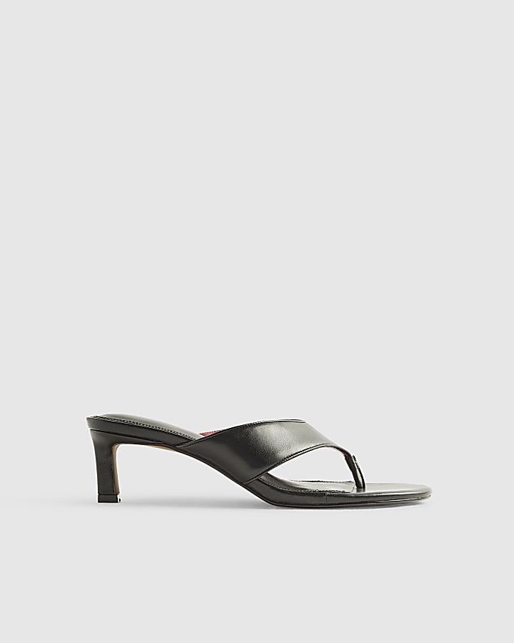 Black Toe Thong Heeled Mule Sandals