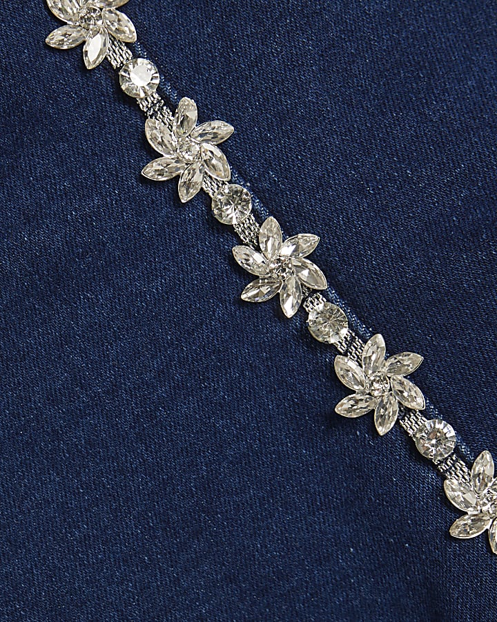 Blue Denim Diamante Sleeveless Peplum Top