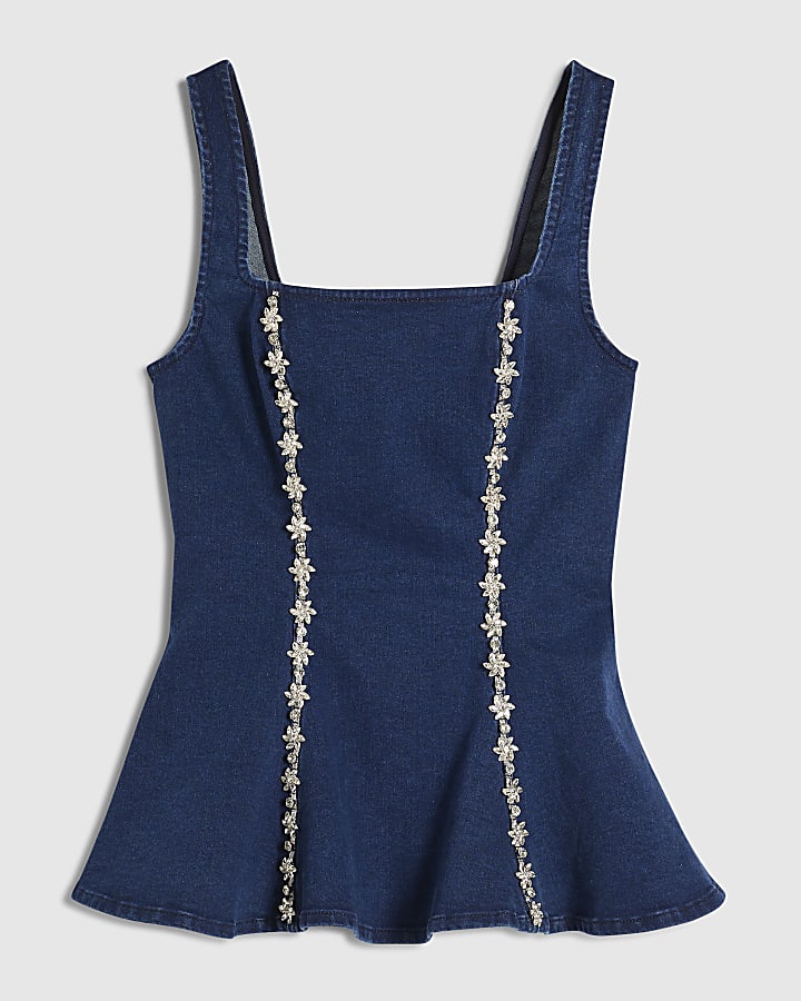 Blue Denim Diamante Sleeveless Peplum Top