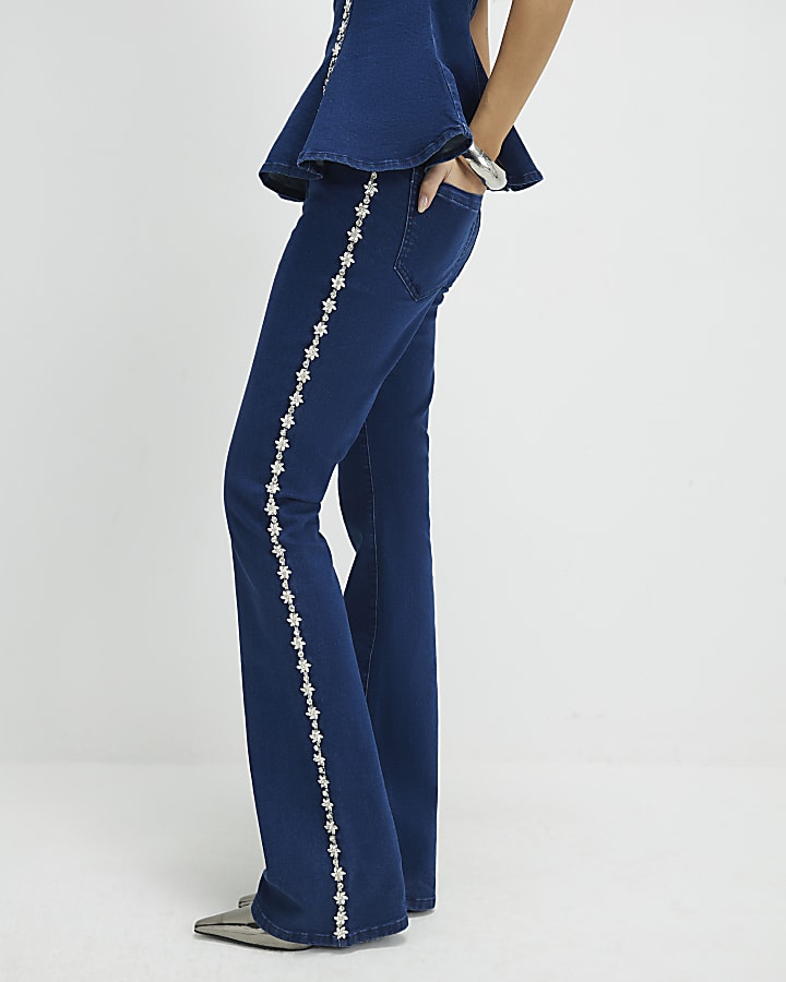 Blue Denim Embellished Bootcut Jeans