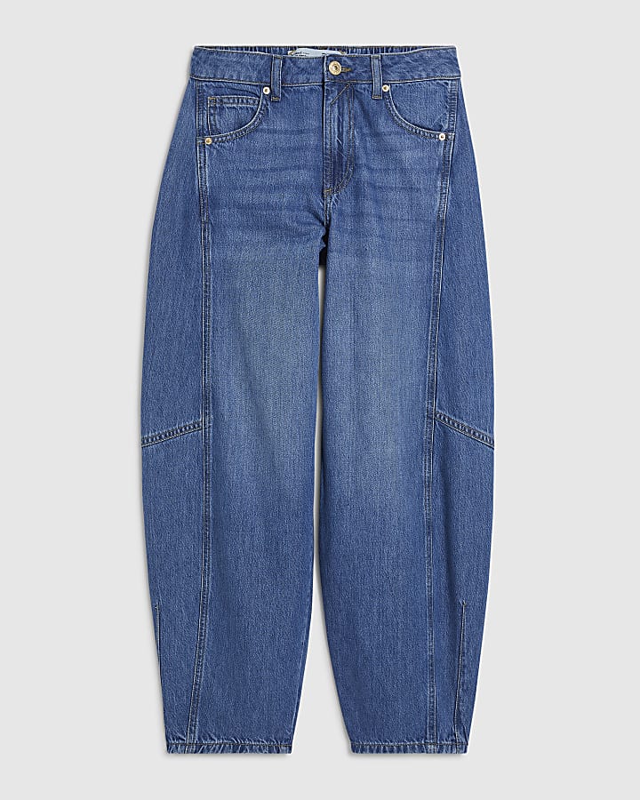 Blue Mid Rise Barrel Leg Jeans