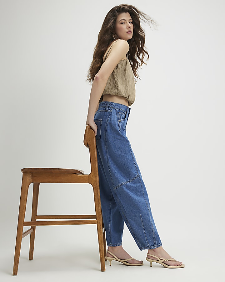 Blue Mid Rise Barrel Leg Jeans
