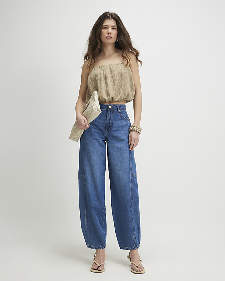 Blue Mid Rise Barrel Leg Jeans