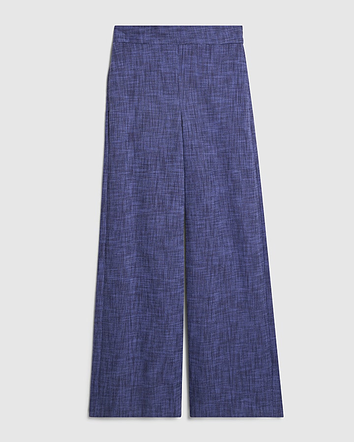 Navy Linen Look Wide Leg Trousers