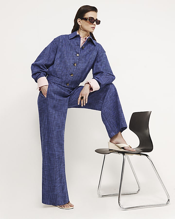 Navy Linen Look Wide Leg Trousers