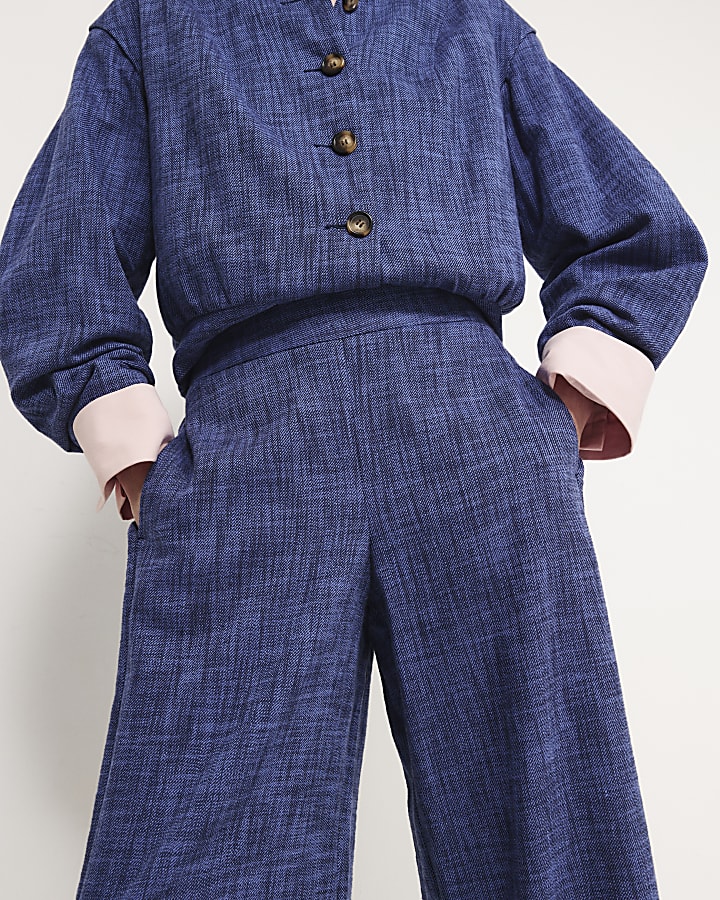 Navy Linen Look Wide Leg Trousers