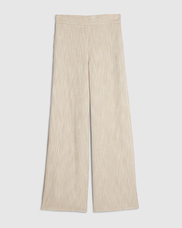 Beige Linen Look Wide Leg Trousers