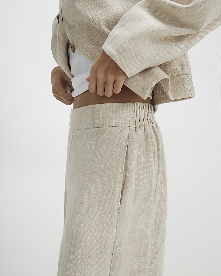 Beige Linen Look Wide Leg Trousers