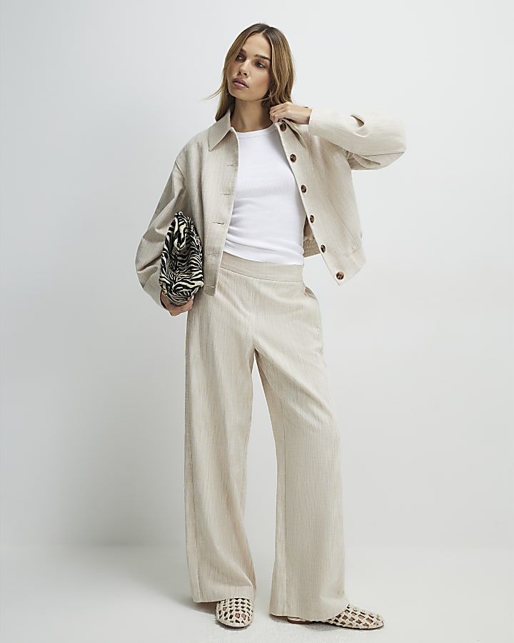 Beige Linen Look Wide Leg Trousers