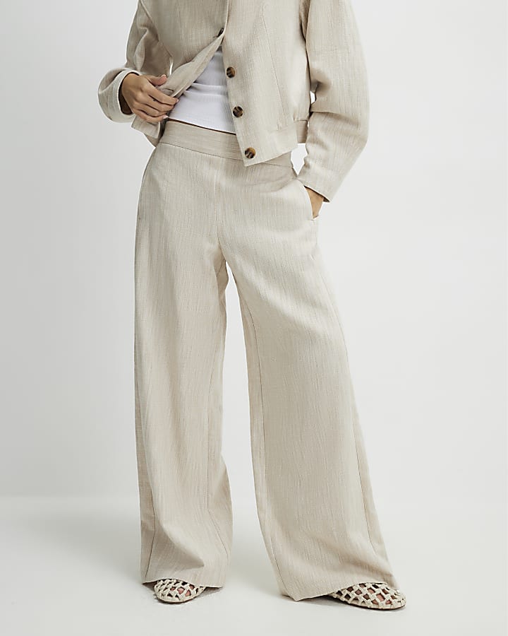 Beige Linen Look Wide Leg Trousers
