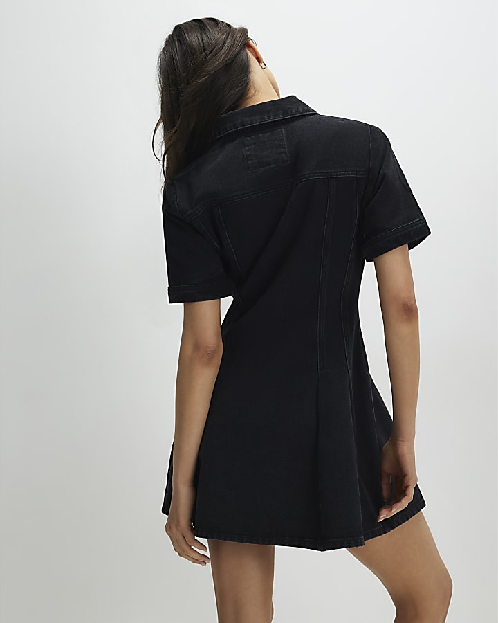 Black Denim Pleat Front Mini Dress
