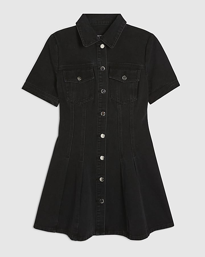 Black Denim Pleat Front Mini Dress