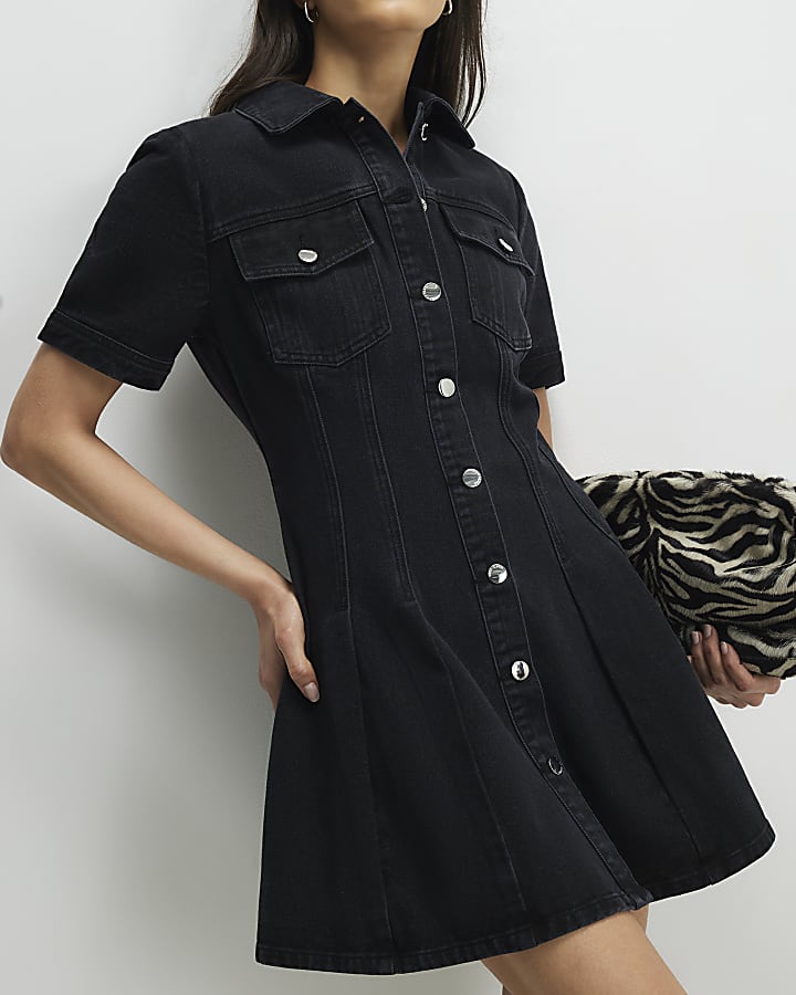 Black Denim Pleat Front Mini Dress