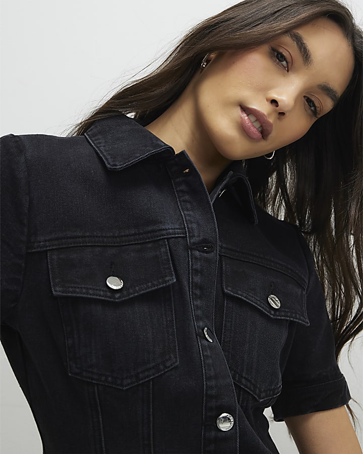 Black Denim Pleat Front Mini Dress