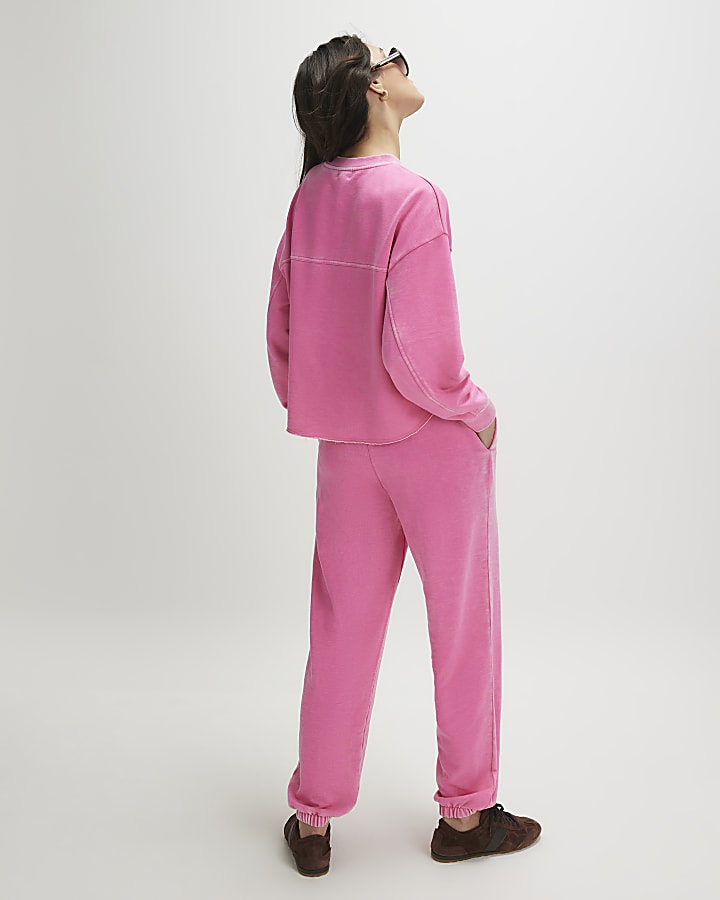 Pink Cotton Blend Burnout Cuffed Joggers